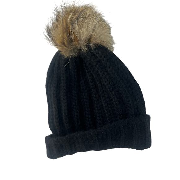 INVERNI Black Slouchy Alpaca Blend Beanie w/ Tan Fur Pom-Pom EUC - Picture 2 of 6